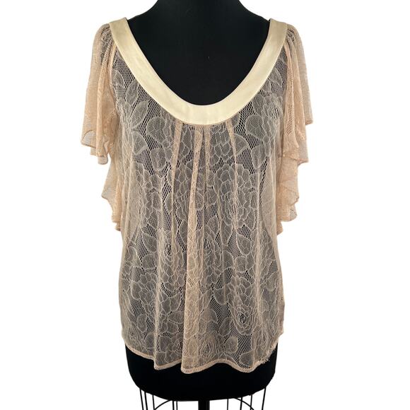 7 For All Mankind 7FAM Beige Nylon Silk Floral Lace Flutter Sleeve Blouse Top M - Picture 1 of 8